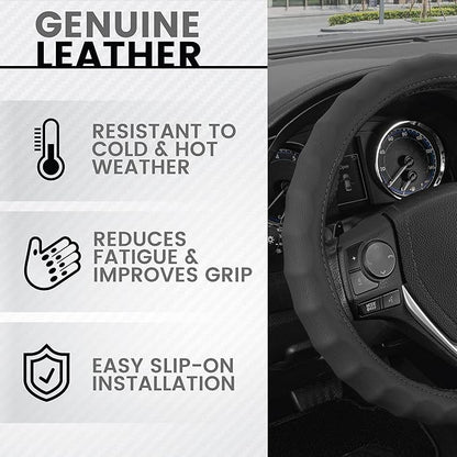 BDK Genuine Black Leather Steering Wheel Cover for Car, Small (13.5" - 14.5") – Ergonomic Comfort Grip for Men & Women, Car Steering Wheel Cover for Vehicles with Small Steering Wheels