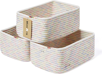 Small Storage Baskets for Organizing | Closet Organizer Bins | Shelf Toy Basket | Woven Rope Baskets | Cube Decorative Box | Shallow Basket | 11.5x7.5x4.7” | 3 Packs Rainbow