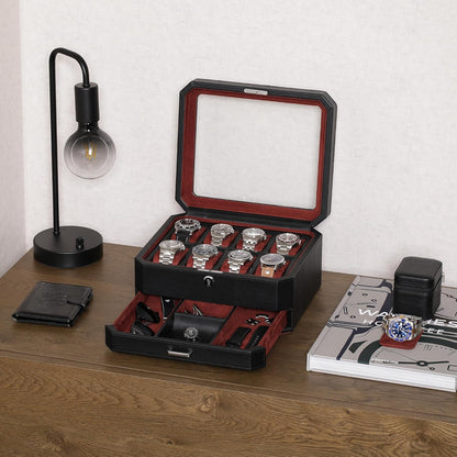 ROTHWELL 8 Slot Leather Watch Box with Valet Drawer - Luxury Case Display Jewelry Organizer, Locking Display Case Holder, Real Glass Top - Watch Box Organizer for Men & Women (Black/Red)