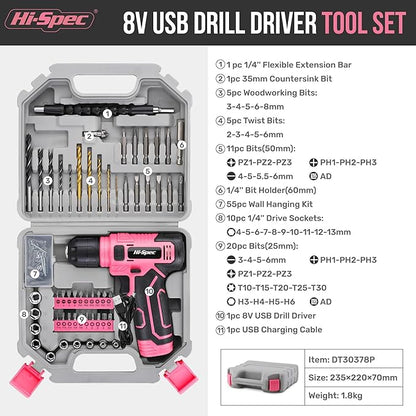 Hi-Spec 110pc Pink 8V USB Electric Power Cordless Womens Drill Driver Set.