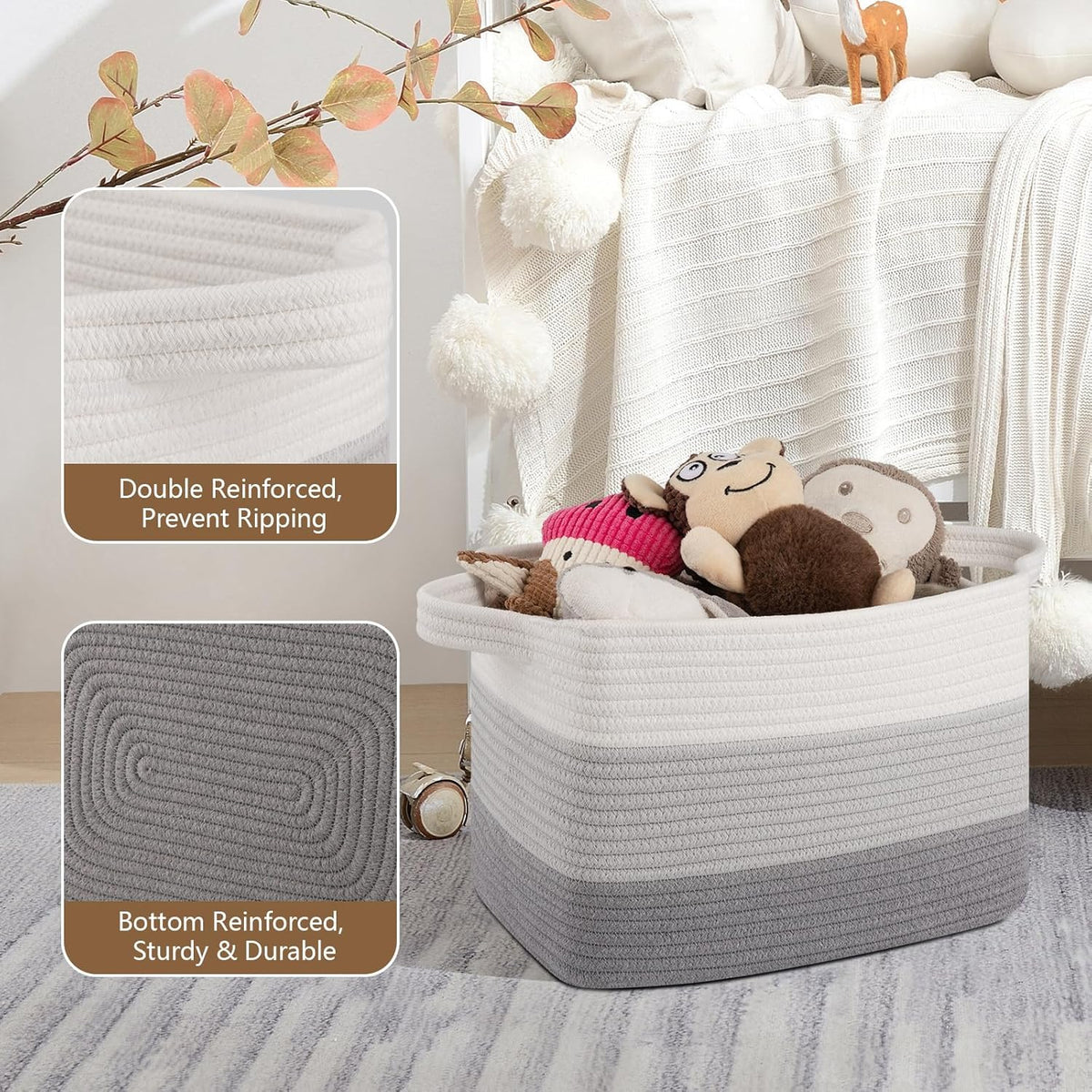 Storage Basket for Organizing, Woven Baskets for Storage, Rectangle Decorative Baskets for Shleves, Closet, Toys, Books, Nursery Organizer Bins - Pack of 3 (Gradient Gray, 13"x9.85"x8.7")