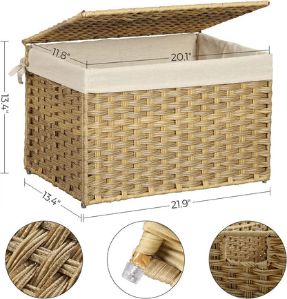 SONGMICS Storage Basket with Lid, Woven Blanket Storage Bin with Handles, Foldable, Removable Liner, Metal Frame, for Bedroom, Laundry Room, 17.2 Gallons (65 L), Natural URST56NL