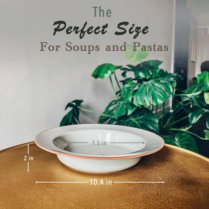 Mora Ceramic Wide Rimmed Soup Bowl 25oz, Set of 4 - For Pasta, Italian, Spaghetti, Dipping Bread, Fancy Dinner etc. Large Plate/Bowls Hybrid For Everyday & Restaurant Use, Large Flat Rim - Earl Grey