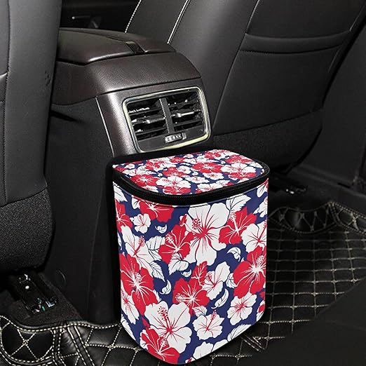 Hibiscus Flower Car Garbage Bag with Lid Auto Dustbin Organizer Container for Floor Seat Back Hanging Vehicle Trash Can Accessories Interior Auto Decor