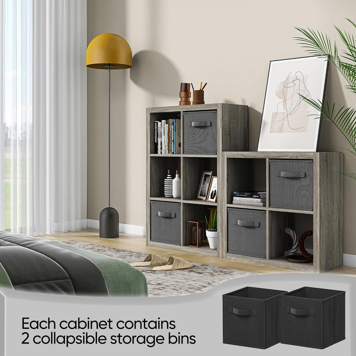 Bookshelf with Storage Bins, 9-Cube Storage Organizer Sturdy Wooden Bookcase Open Book Shelf, Multifunctional Cubicle Rack for Storage & Display, Furniture for Living Room Bedroom Office, Gray Oak