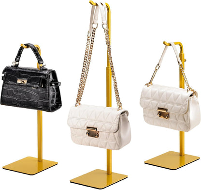 3 Pack Purse Holder Handbag Display Stand: Gold Hanger Rack for Bags, Purses, and Wreath, Adjustable Hook Stand for Tabletop, Closet, and Retail Use for Vendors
