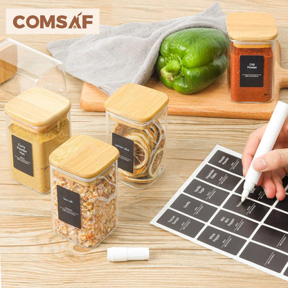 ComSaf 12Pcs Glass Spice Jars with Bamboo Lid, 8oz Airtight Square Containers with 275 Black Lables, Empty Seasoning Jars for Spice Salt Sugar