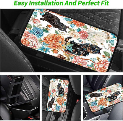 Car Armrest Cover Pads Universal Fashion Cute Auto Center Console Armrest Cover Pad with 2PCS Car Coasters Soft Waterproof Car Armrest Seat Protector for Women, Three Cats Penoy