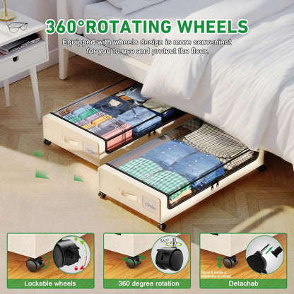 Beborxue Under Bed Storage with Wheels, 2-Pack Under the Bed Storage Containers with Lids, XXL 60L Under Bed Shoes Storage Organizer Bins, Rolling Underbed Storage for Clothes, Shoes, Blankets (Beige)