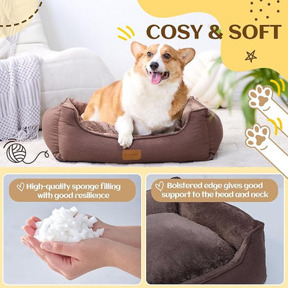 OUPEIWAWA Rectangle Dog Bed for Large Medium Small Dogs Washable Pet Bed with Bolster Sides Non-Slip Bottom Pet Sofa Waterproof Lining Durable Pet Cuddler, Dark-Brown, 33x 26x 7.5