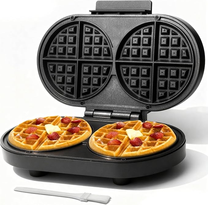 Baker’s Friend Double Belgian Waffle Maker Thick, 2 X 6” Round Waffle Maker