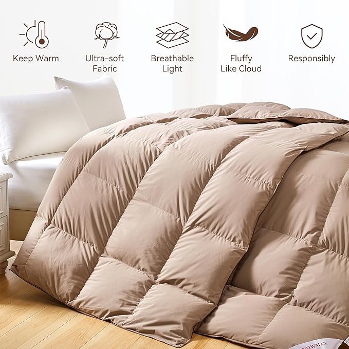 SNOWMAN Premium Down Comforter Queen Size, Luxurious All Season Duvet Insert with Cotton Blended Fabric, 3D Baffle Box Design Hotel Bedding Comforter (Khaki,90"x90")