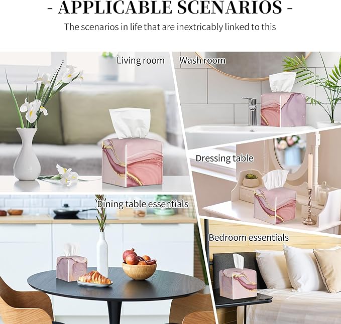 Tissue Box Cover Square, Pink Golden Liquid Marble Leather Tissue Box Holder Decorative Organizer for Bathroom, Home Office Car Decor