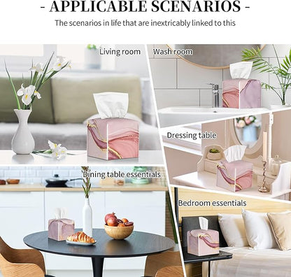 Tissue Box Cover Square, Pink Golden Liquid Marble Leather Tissue Box Holder Decorative Organizer for Bathroom, Home Office Car Decor