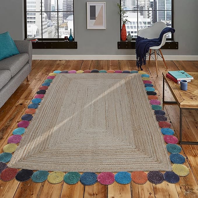 Scalloped Edge Rug, Hand Woven Natural Jute Area Rug, 4x6 Ft Beige & Multicolor Braided Sisal Kilim Rugs for Living Room, Kitchen, Entryway, Farmhouse