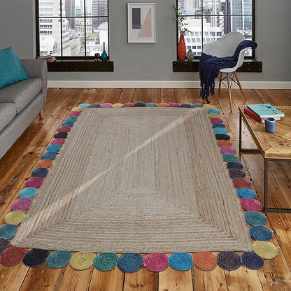 Scalloped Edge Rug, Hand Woven Natural Jute Area Rug, 4x6 Ft Beige & Multicolor Braided Sisal Kilim Rugs for Living Room, Kitchen, Entryway, Farmhouse