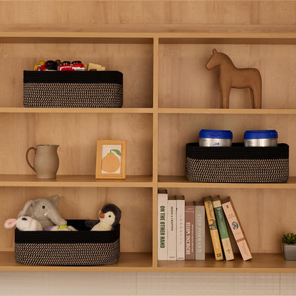 Large Shallow Organizing Baskets 15x11x5.1 Inches - Rope Woven Storage Bins for Bathroom, Shelves, Cube Closet, Black Woven Brown 3 Packs