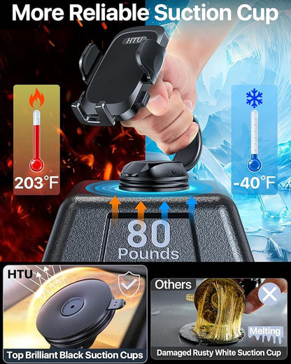 HTU [True Military-Grade Car Phone Holder [2025 Upgraded Strongest Suction & Vent Clip] Cell Phone Car Mount for Dashboard Windshield Vent Truck Cradle Dash Stand,(Black)