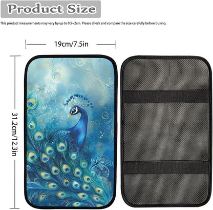 Suobstales Blue Peacock Print Car Armrest Pad Soft Center Console Arm Rest Protector Cover Universal Car Interior Accessories Decoration