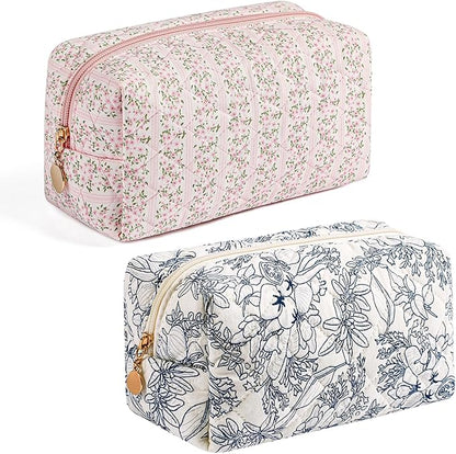 Gleyemor 2 Pieces Quilted Makeup Bag, Cute Floral Cosmetic Bag for Women, Cotton Make Up Bag Set, Flower Travel Toiletry Bag Organizer (Pink Floral+ Navy Flower)