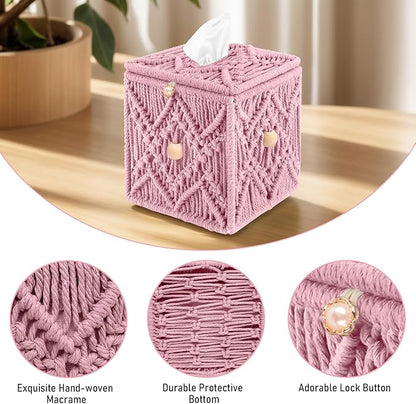 KaloKalo Handmade Tissue Box Cover Decorative Macrame Boho Square Tissue Holder Cotton Rope Woven Napkin Facial Paper Organizer Bohemian Desk Storage Container with Buckle Wood Beads (Pink)