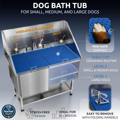 KANIS Professional Dog Washing Station - 304 Stainless Steel Pet Wash Sink & Grooming Bathtub w/Shower, Floor Grates and Storage for Large, Medium & Small Pets (50", Shelf - Left Ramp)