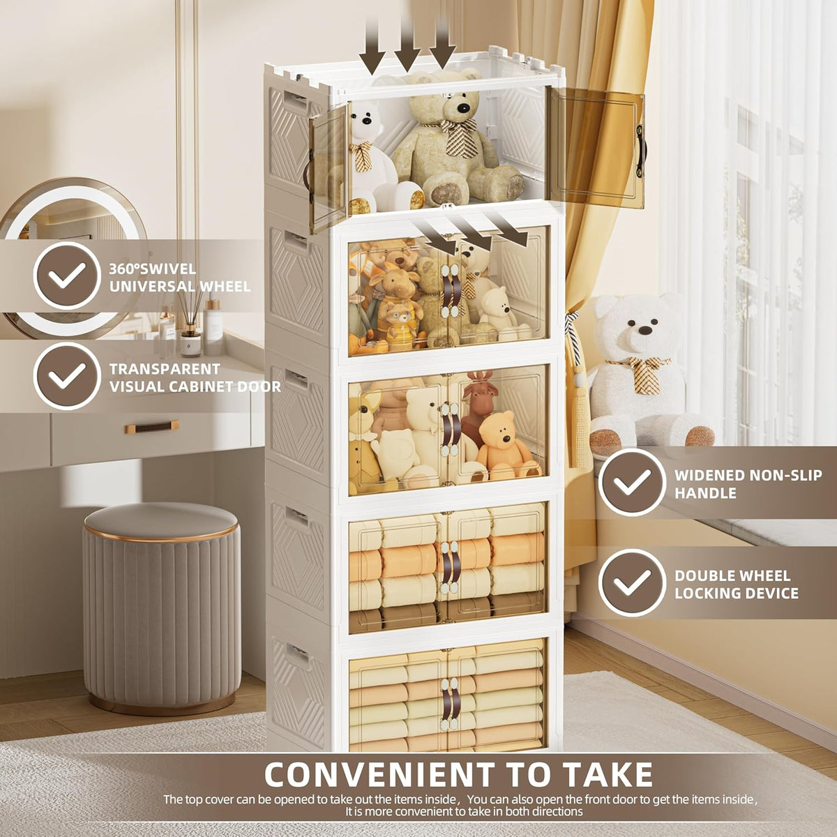 332 QT / 83 Gal Extra Wide Foldable Plastic Cabinet with Double Magnetic Doors & Leather Handles - Stackable, 4 Locking Wheels, Space Saving Storage for Small Spaces