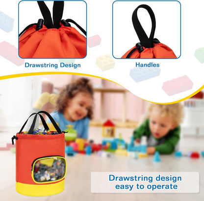 Drawstring Toy Storage Bag for Building Bricks, Building Blocks, Board Games, Puzzles, Construction Toy Travel Bag, Beach Sand Toys Storage (Yellow-orange, Small)