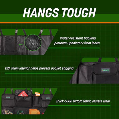 DRIVE - Back Seat Trunk Organizer, Space Saving Hanging Car Organizer, Collapsible Car Storage Bag with 8 Large Pockets for SUV, Black