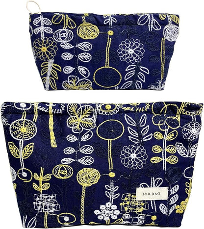 getgto 2 Pcs Makeup Bags, Large Cosmetic Bag Travel Toiletry Bag Organizer for Women, Embroidery Craft, Floral Makeup Bag Small Cosmetic Pouch Purse with Zipper, Gifts for Girls Teen (Blue-tree)