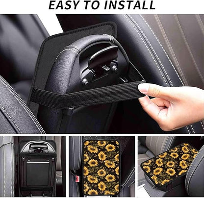 Sunflower Car Center Console Cover Yellow Black Flower Floral Armrest Box Covers SUV Van Sedans Truck Interior Accessories, Anti-Scratch Middle Console Lid Cushion Protector