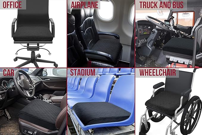 Large 19"x17"x3.25" Medium-Firm Memory Foam Seat Cushion with Cooling Effect, Washable Cover and Non-Slip Base for Office Chairs, Wheelchairs, Recliners, Cars - Back Pain Relief - Black