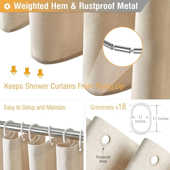 BTTN 108 Extra Wide Shower Curtain - 108x72 Linen Textured Heavy Duty Fabric Shower Curtain Set with 18 Plastic Hooks, Large Neutral Cloth Shower Curtains for Bathroom and Clawfoot Tub, Cream/Beige