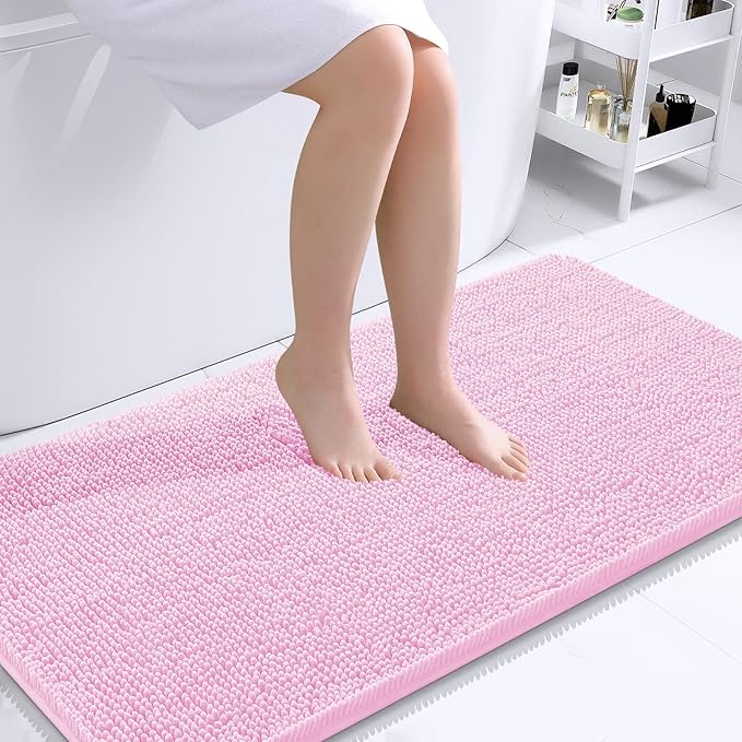 OLANLY Bathroom Rugs 44x24, Extra Soft Absorbent Chenille Bath Rugs, Rubber Backing Quick Dry, Machine Washable Bath Mats for Bathroom Floor, Tub and Shower, Home Decor Accessories, Pink