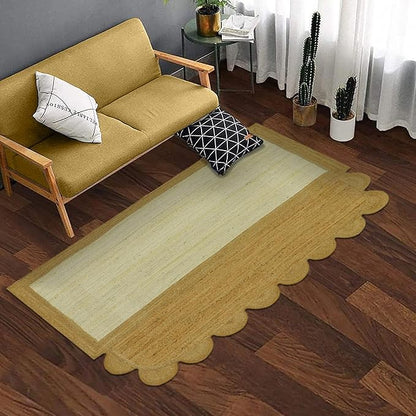 Scalloped Edge Rug, Hand Woven Natural Jute Area Rug, 4x7 Ft Beige & Brown Braided Sisal Kilim Rugs for Living Room, Kitchen, Entryway, Farmhouse
