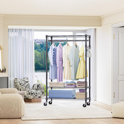 IZEUK Heavy Duty Rolling Garment Rack with 3 Adjustable Wire Shelves, Hanging Rod & Side Hooks - Mobile Clothes Rack with Wheels, 29.5" W x 15.7" D x 75" H, Black