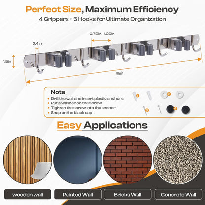 Heavy-Duty Stainless-Steel Broom Holder Wall Mount with 4 Racks and 5 Hooks | Rust Resistant Mop and Broom Hanger | Adjustable, Garage & Garden Tool Organizer | Silver Color