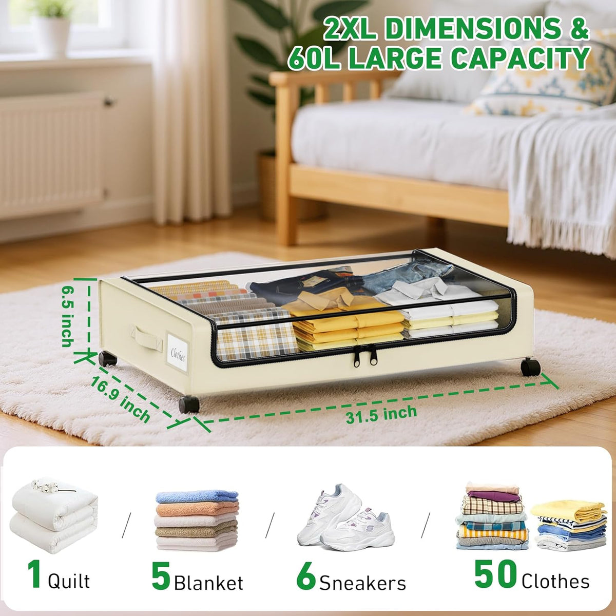 Beborxue Under Bed Storage with Wheels, 2-Pack Under the Bed Storage Containers with Lids, XXL 60L Under Bed Shoes Storage Organizer Bins, Rolling Underbed Storage for Clothes, Shoes, Blankets (Beige)