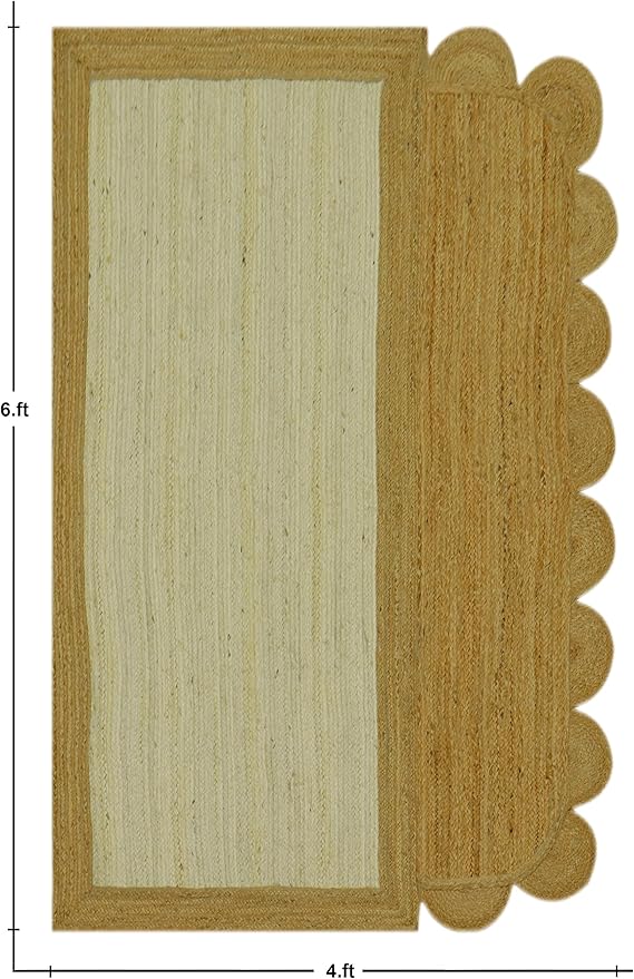 Scalloped Edge Rug, Hand Woven Natural Jute Area Rug, 4x7 Ft Beige & Brown Braided Sisal Kilim Rugs for Living Room, Kitchen, Entryway, Farmhouse