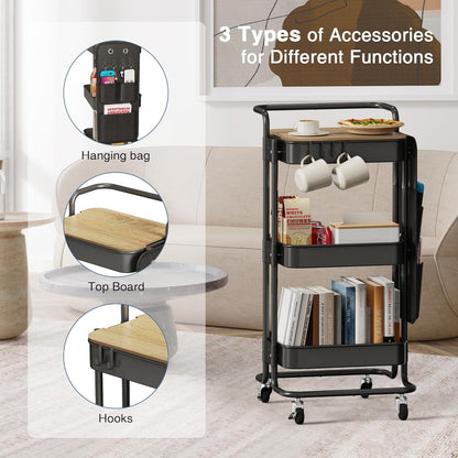 DTK 3 Tier Metal Utility Rolling Cart with Table Top and Side Bags, Tray Storage Organizer Wheels, Art Craft 4 Hooks for Kitchen Bathroom Office Living Room (Black)