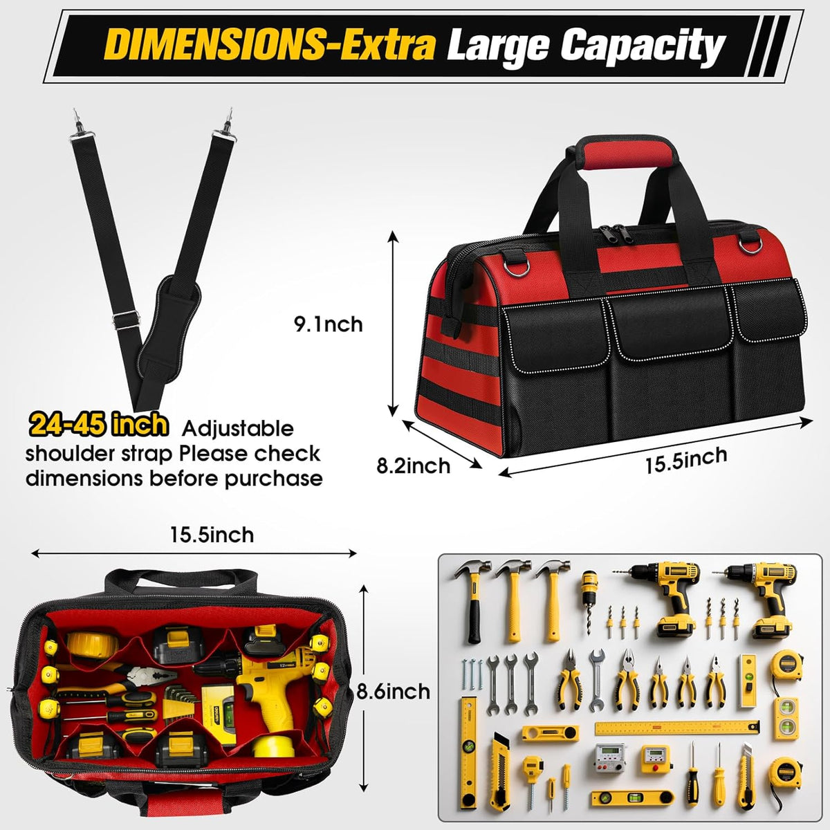 16-Inch Heavy Duty Tool Bag, 19-Pockets Tool Box Organizer, Portable Toolbag W/Soft Handle for Organized Storage, Mechanic Gifts for Men Dad Husband Him Christmas, Wide Mouth Toolbox Organization, Red