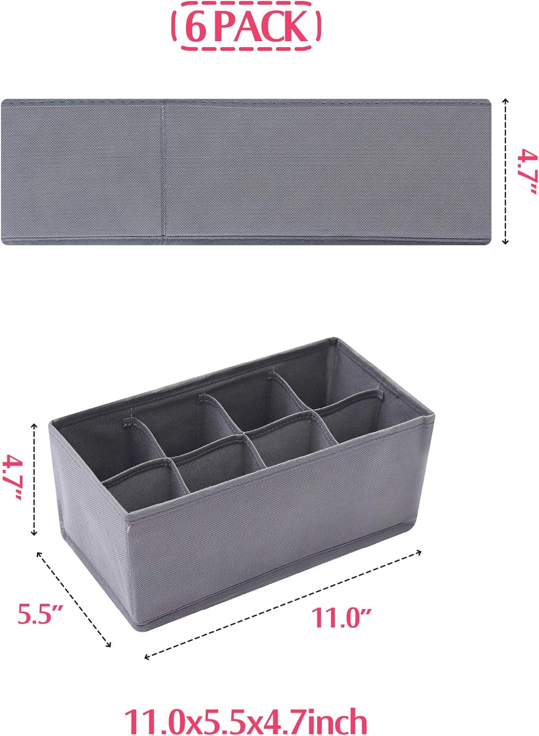DIOMMELL 6 Pack Foldable Cloth Storage Box Closet Dresser Drawer Organizer Fabric Baskets Bins Containers Divider for Clothes Underwear Socks Lingerie Clothing, M Grey 00-0600