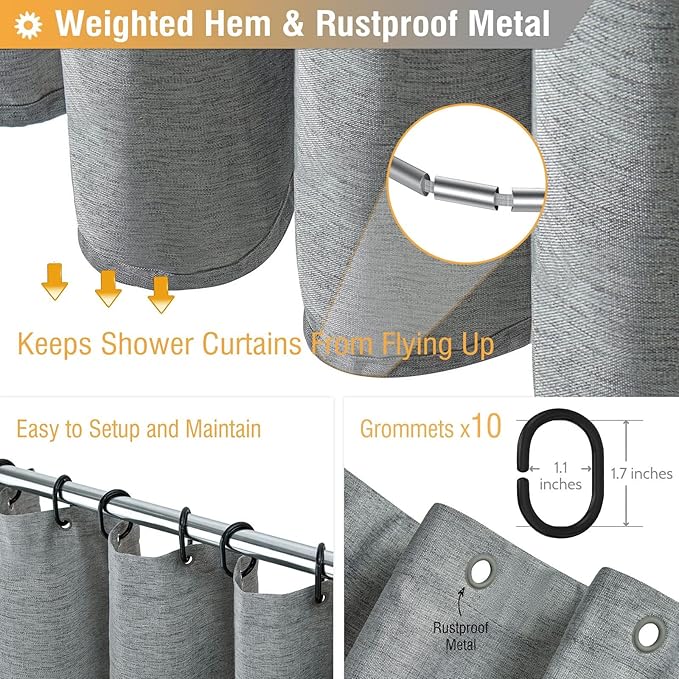 BTTN Stall Fabric Shower Curtain - 54x72 Inch Long Linen Textured Heavy Duty Cloth Shower Curtain Set with 10 Plastic Hooks, Hotel Spa Weighted Waterproof Neutral Bath Curtain for Bathroom - Gray/Grey