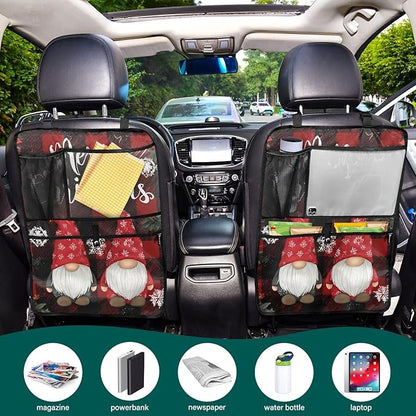 1 Pack Back Seat Car Organizer with Storage Pockets Kick Mats Back Seat Protector Hanging Car Organizer Automotive Seat Back Cover Organizers Red and Black Checkered Christmas Gnomes