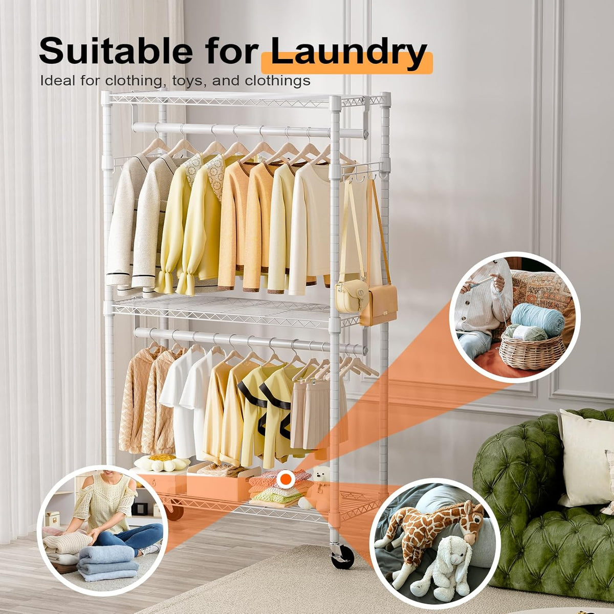 Heavy Duty Rolling Garment Rack 3 Tiers Adjustable Wire Shelving Clothes Rack with 2 Rods and Side Hooks,Storage Closet Clothing Rack with Wheels White 15.7" D x 29.5" W x 74.5" H