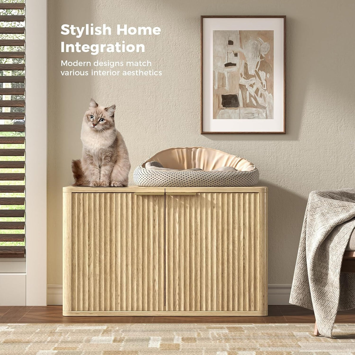31.5" Oak Cat Litter Box Enclosure Furniture, Large Decorative Hidden Litter Box Cabinet, Fluted Modern Bohemia Kitty End Table for Living Rooms, Entryways, or Bedrooms