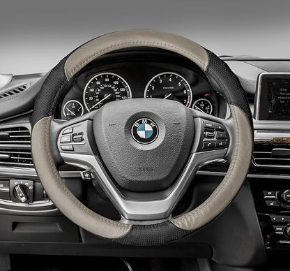 FH Group Universal Fit Perforated Genuine Leather Beige Black Steering Wheel Cover Fits Most Cars, SUVs