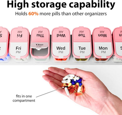 Extra Large Weekly Pill Organizer - XL Vitamin Holder with 7 Detachable AM PM Compartments - Portable Medicine Dispenser for Home and Travel, Big Supplement Container for Weekly or Daily Use, Pink