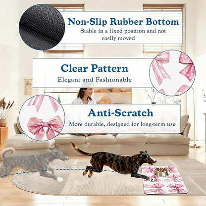 Pink Bows Dog Cat Food Mat–Christmas Stocking Absorbent Waterproof Placemat for Food and Water Bowls, Non Slip Rubber Backing, Feeding Mat for Clean Floors 16"x24"
