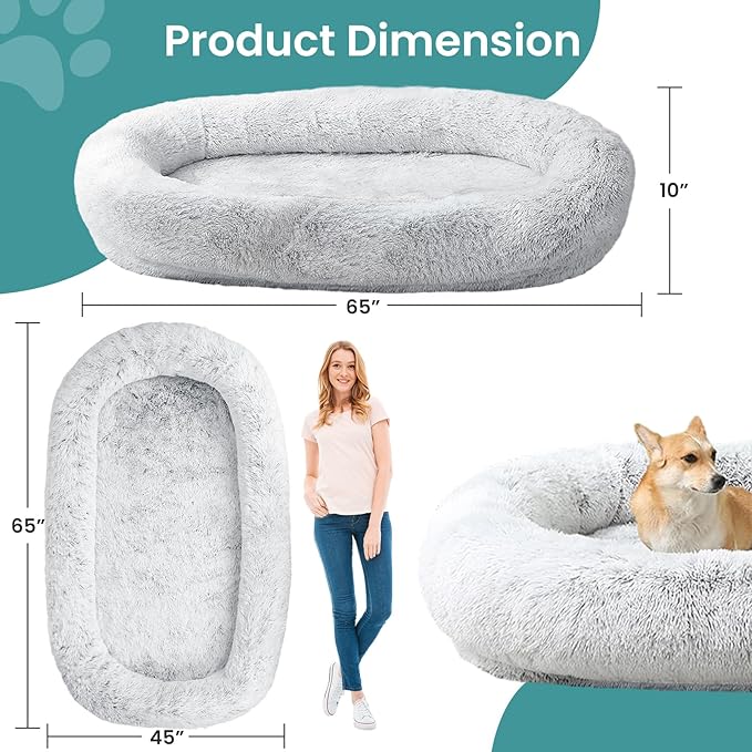 JOLLYVOGUE Human Dog Bed for Adults and Pets, Ultra-Soft Plush Giant Dog Bed with Egg Crate Foam, Non-Slip Base, and Machine Washable Cover - Ideal for Relaxation and Napping, Light Grey